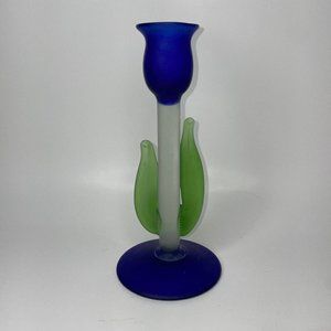 Frosted Art Glass Tulip Flower Shaped Blue Green Candle Holder